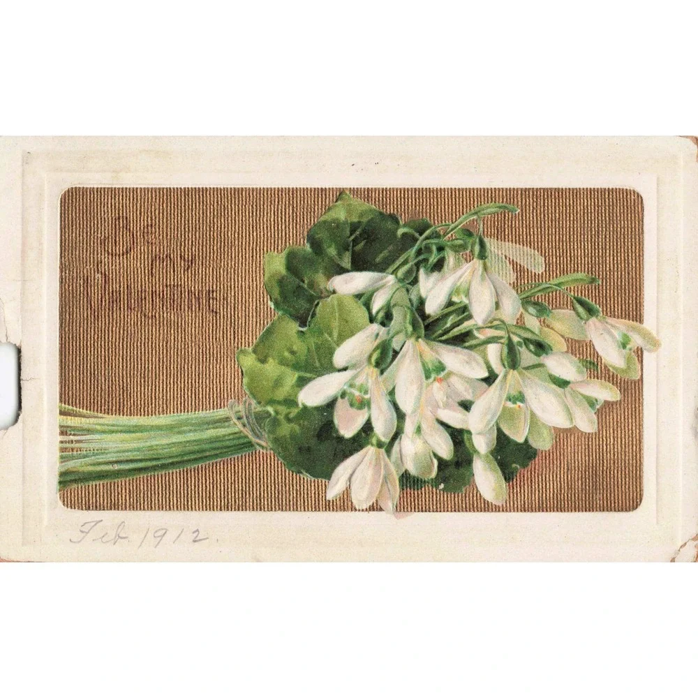 Antique 1912 Embossed Valentine Postcard Snowdrops Flowers Gold Chicago Postmark